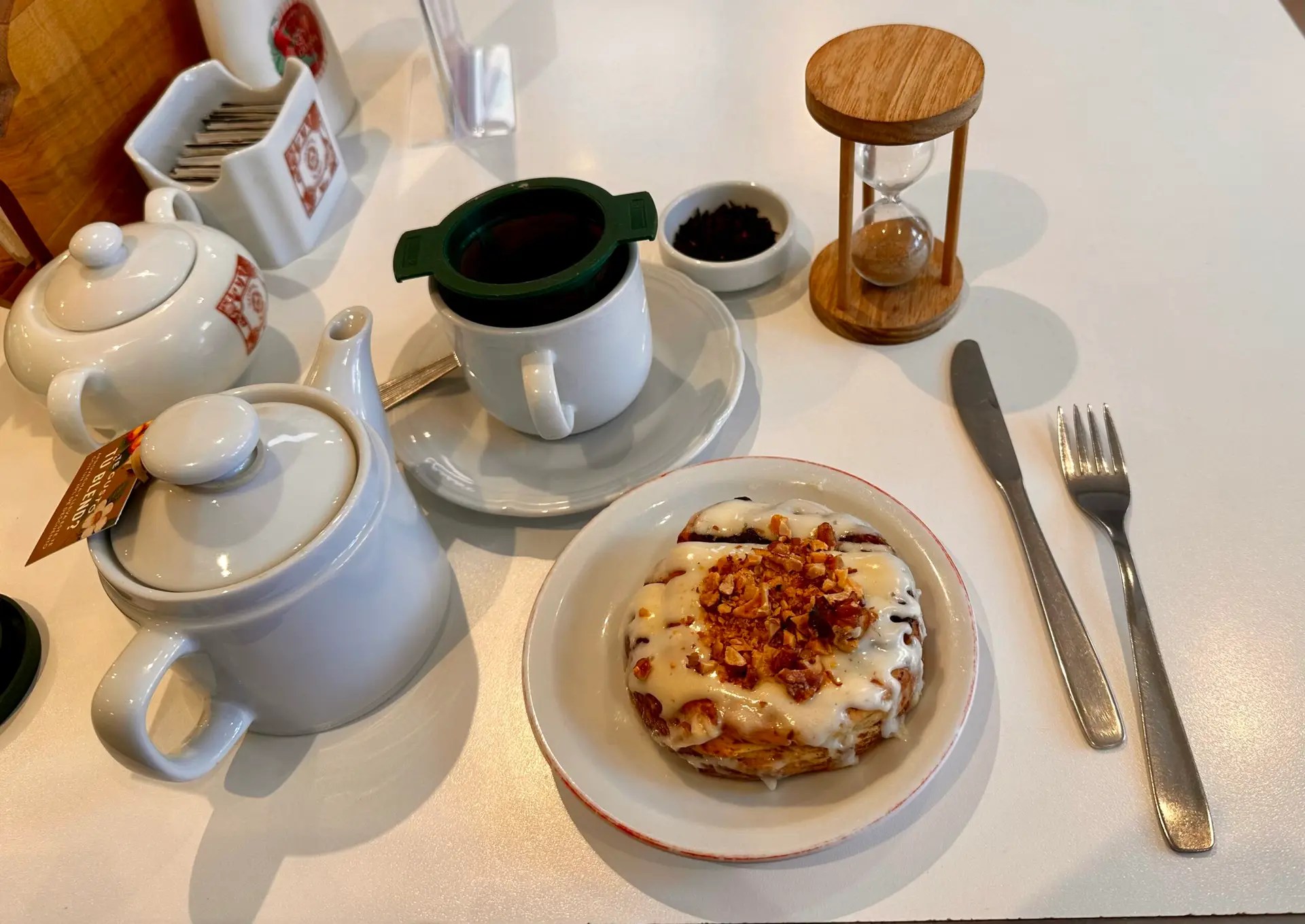 My cinnamon roll and tea