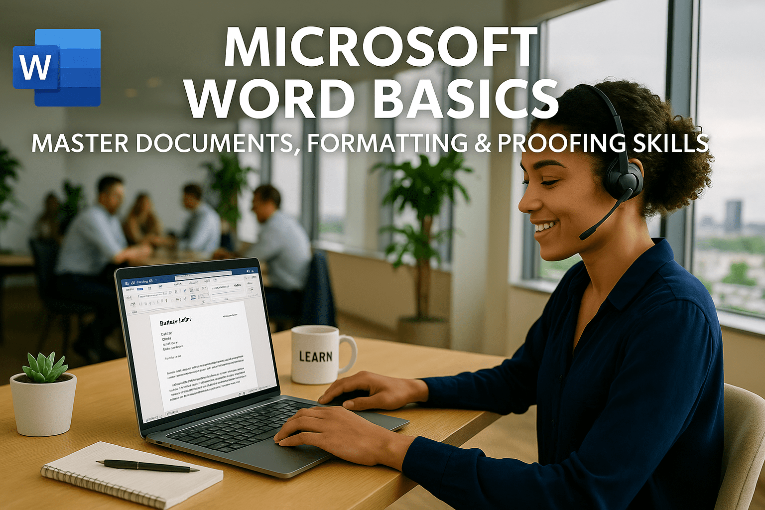Woman learning Microsoft Word on a laptop in a modern office, with a document showing basic formatting, headings, and text editing tools