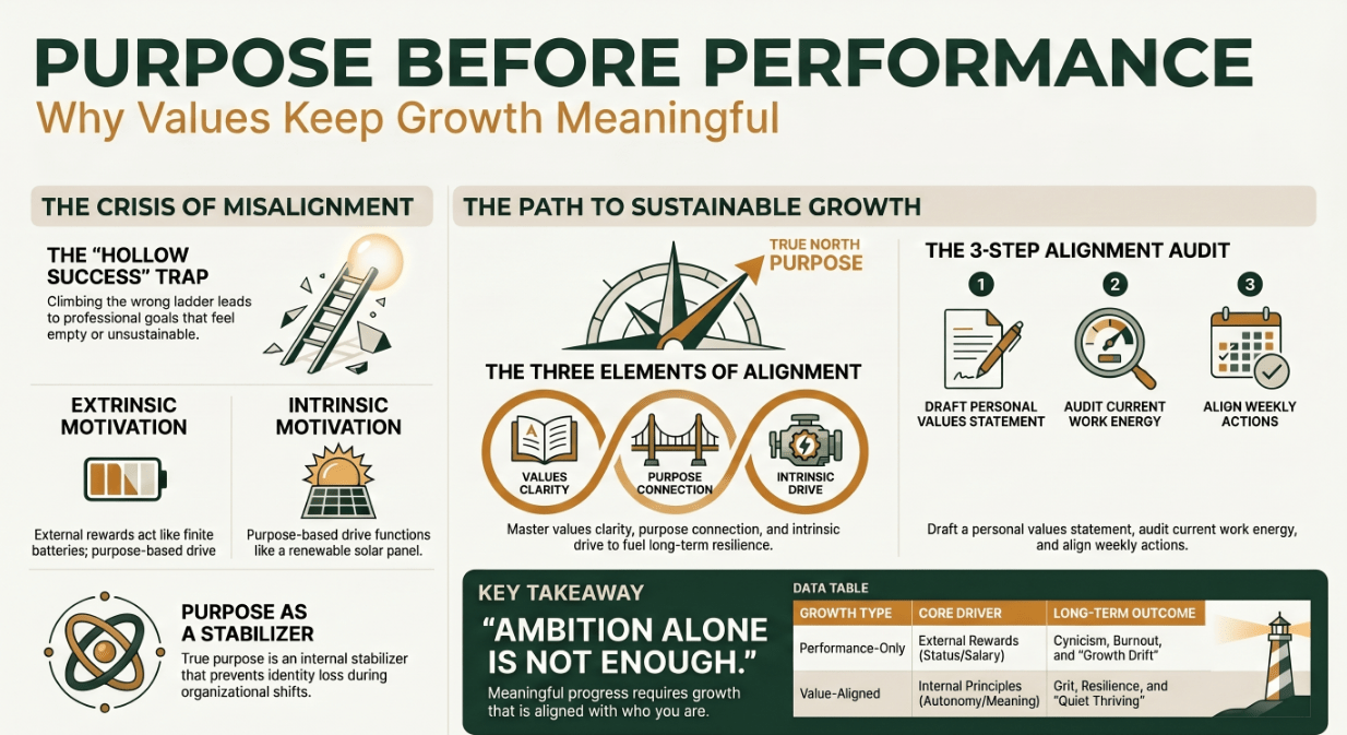 Infographic titled 'Purpose Before Performance' detailing how to align personal values with professional growth to achieve sustainable success and intrinsic motivation. It illustrates the 'hollow success' trap of pure ambition and provides practical steps—such as a values audit—to bridge the gap between daily action and deeper purpose. .