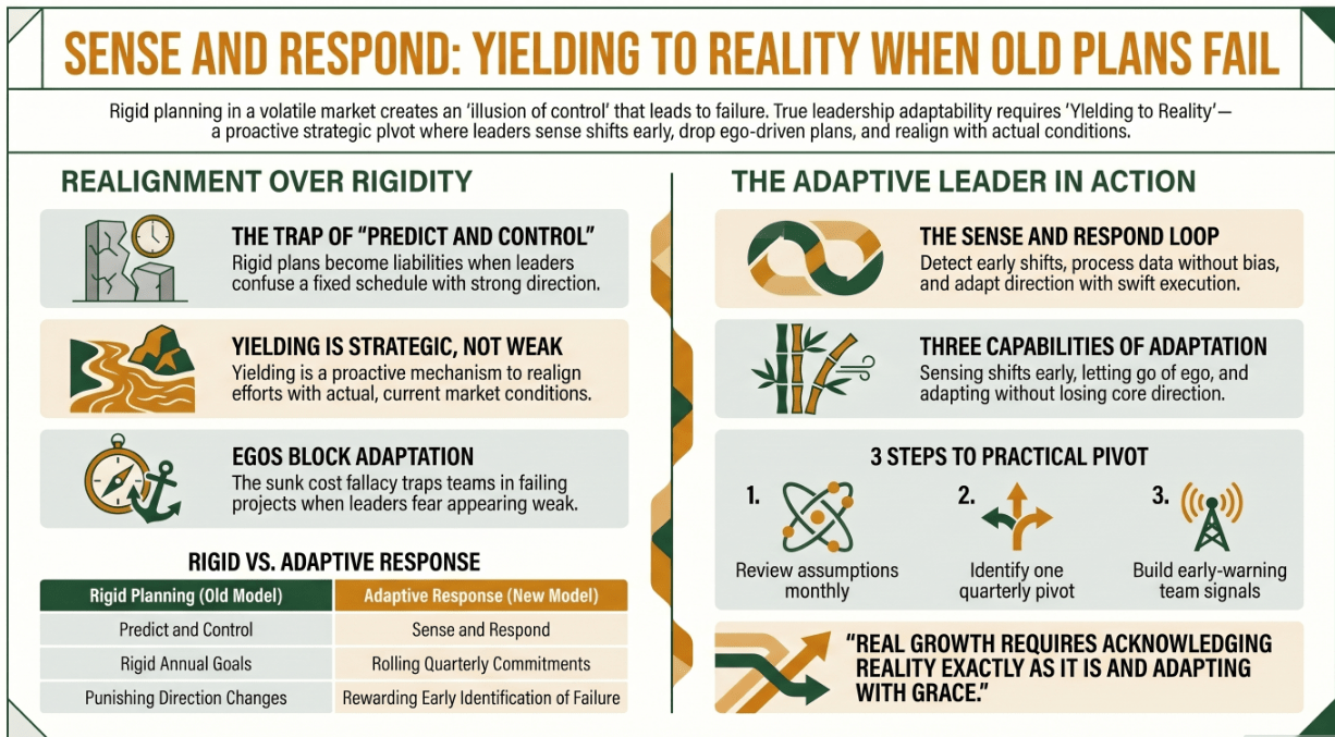 Infographic titled "Yielding to Reality — Sense and Respond" outlining strategic adaptation through sensing shifts and responding with grace.