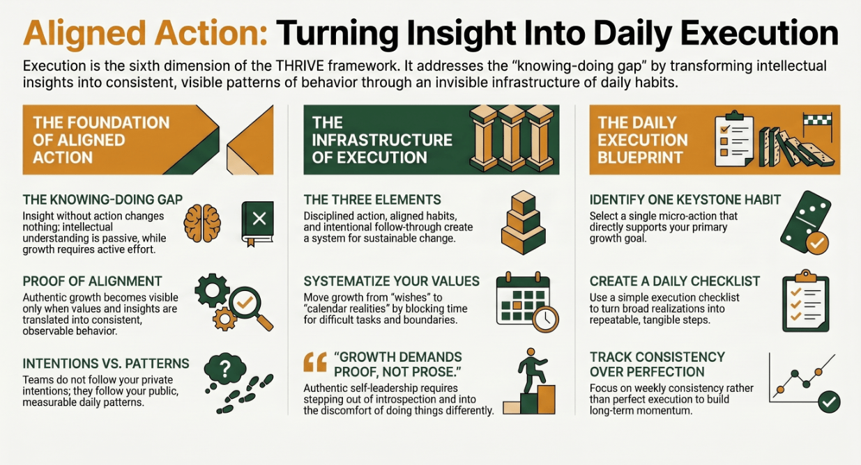 Infographic titled "Execution — Aligned Action" outlining the sixth dimension of the THRIVE framework. It illustrates that authentic growth requires bridging the "knowing-doing gap" by translating insights into consistent behaviour through disciplined action, aligned habits, and intentional follow-through. Visual sections include practical steps for building keystone habits and daily checklists to track consistency.