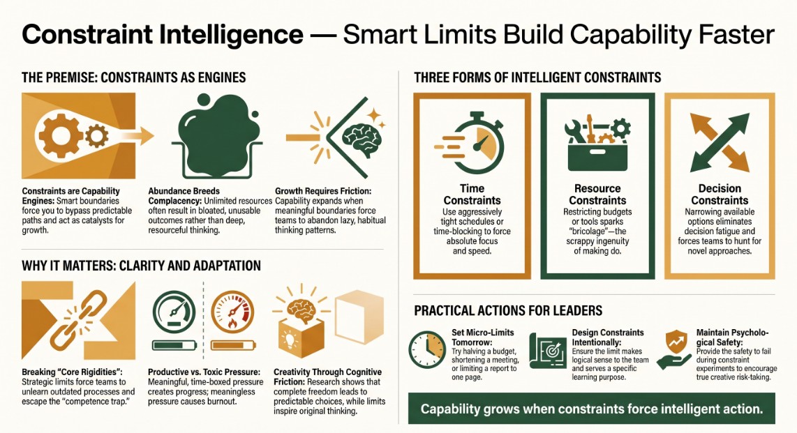 Infographic outlining Constraint Intelligence: how intentional time, resource, and decision limits accelerate capability growth by sharpening focus and sparking creativity.