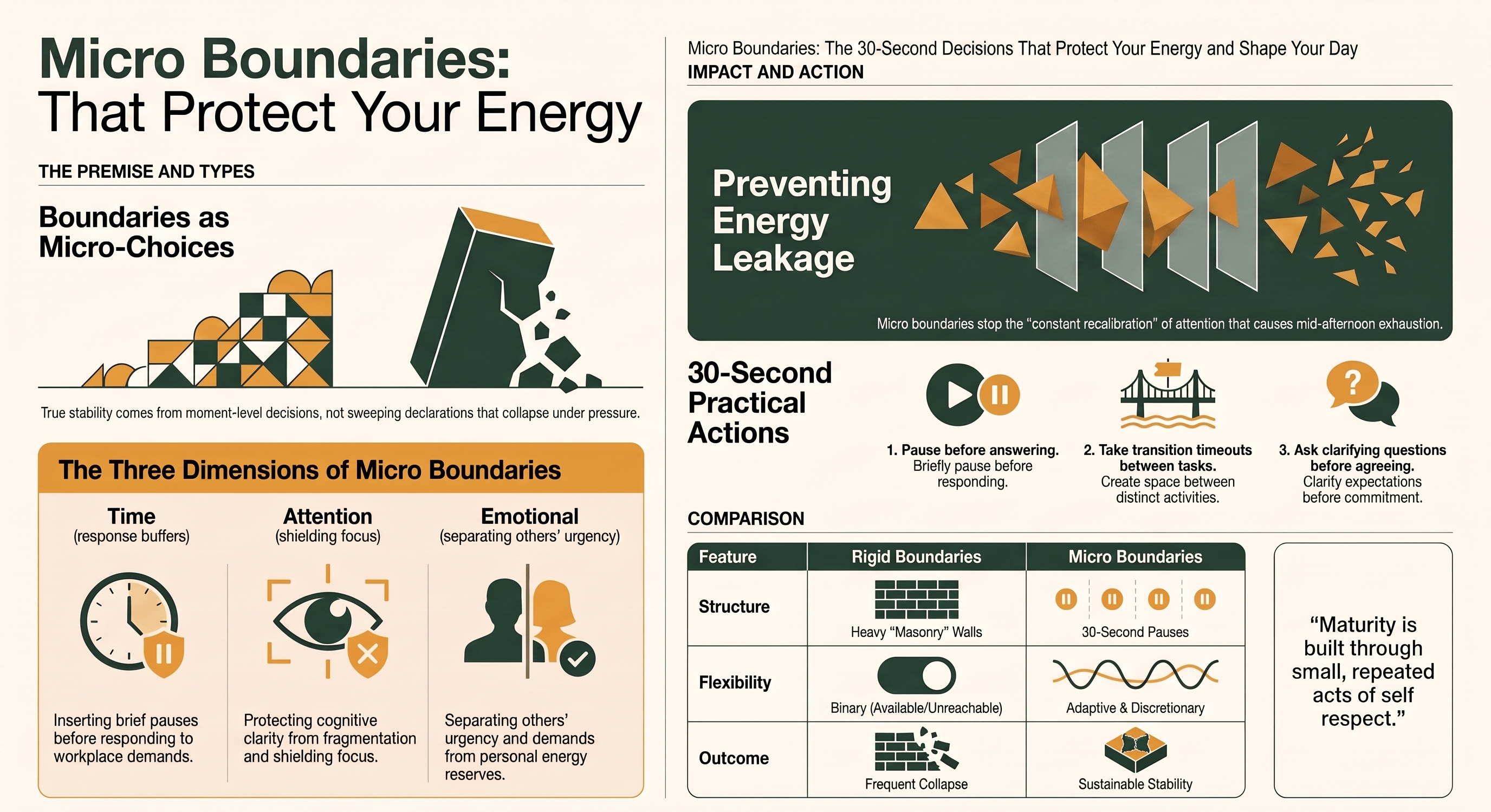 Micro-boundaries infographic showing small decisions that protect time, attention and emotional energy.