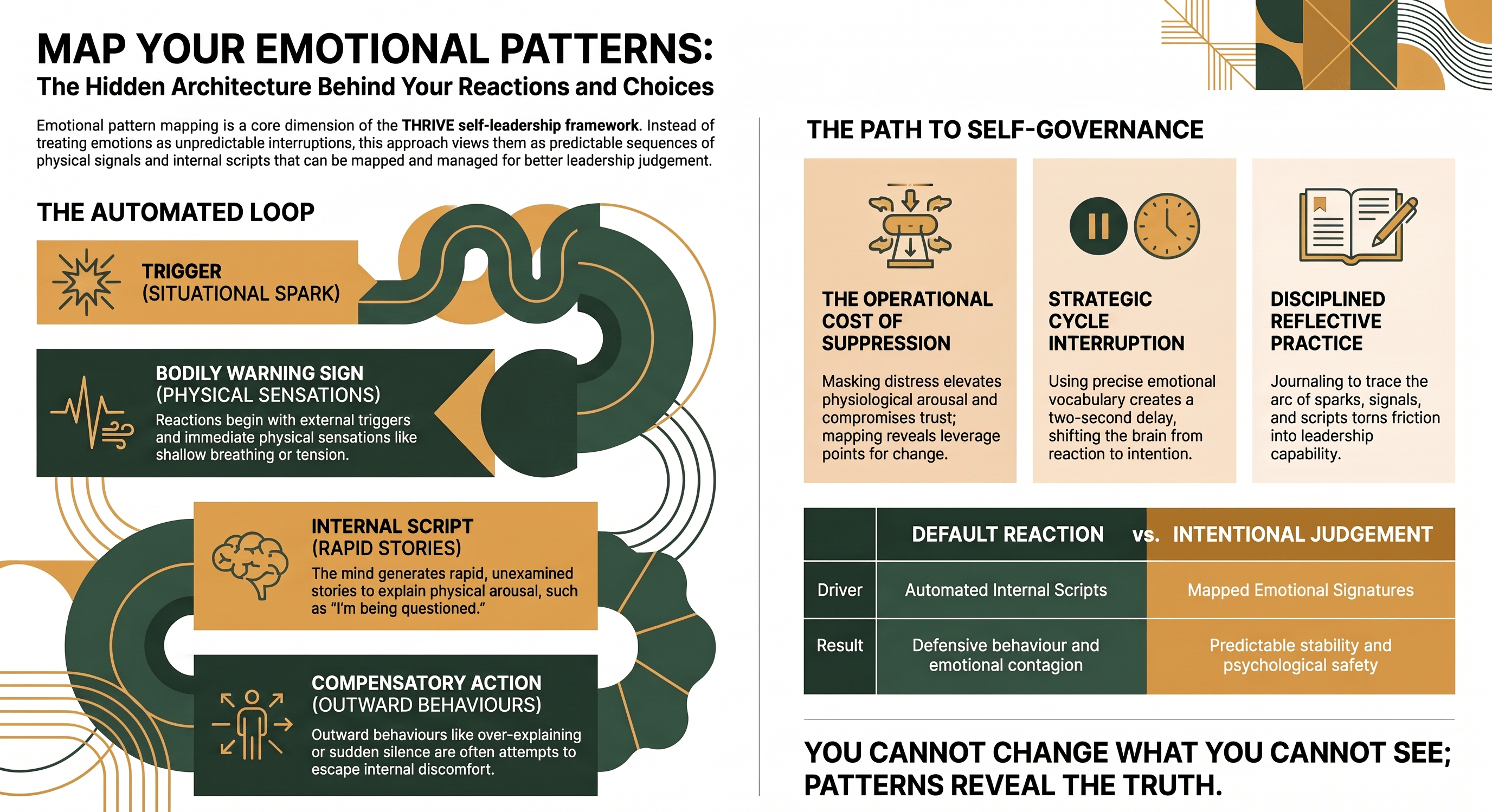 Infographic titled 'Emotional Pattern Mapping — See the Architecture Behind Your Reactions' explaining how tracking triggers, emotional signatures, and recovery cycles reveals key leverage points for emotional regulation and clarity.