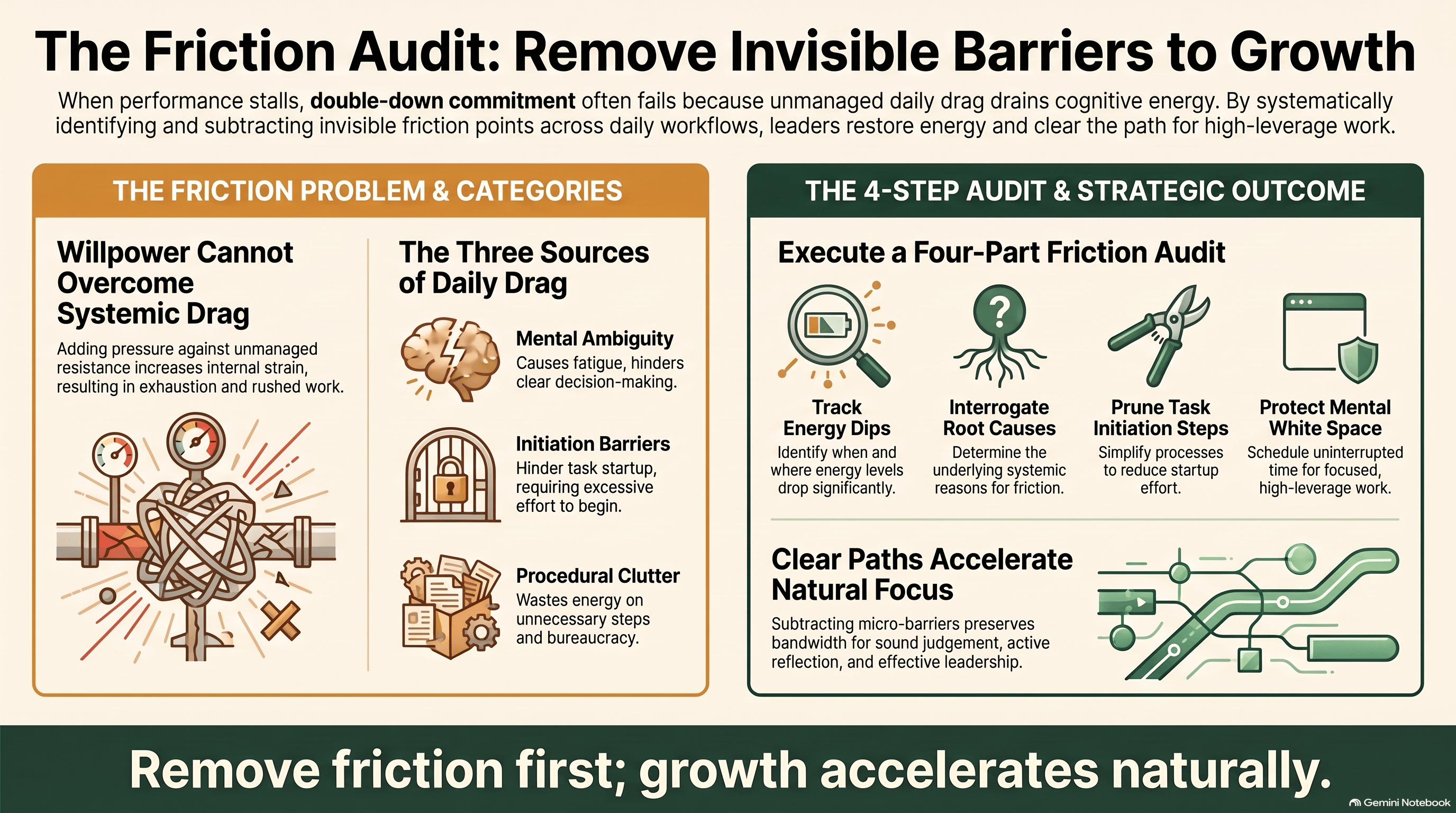 Infographic titled '**The Friction Audit — Remove Invisible Barriers to Growth**' explaining how environmental, workflow, and emotional friction drain energy, and detailing practical actions like friction mapping and elimination rituals to accelerate growth.