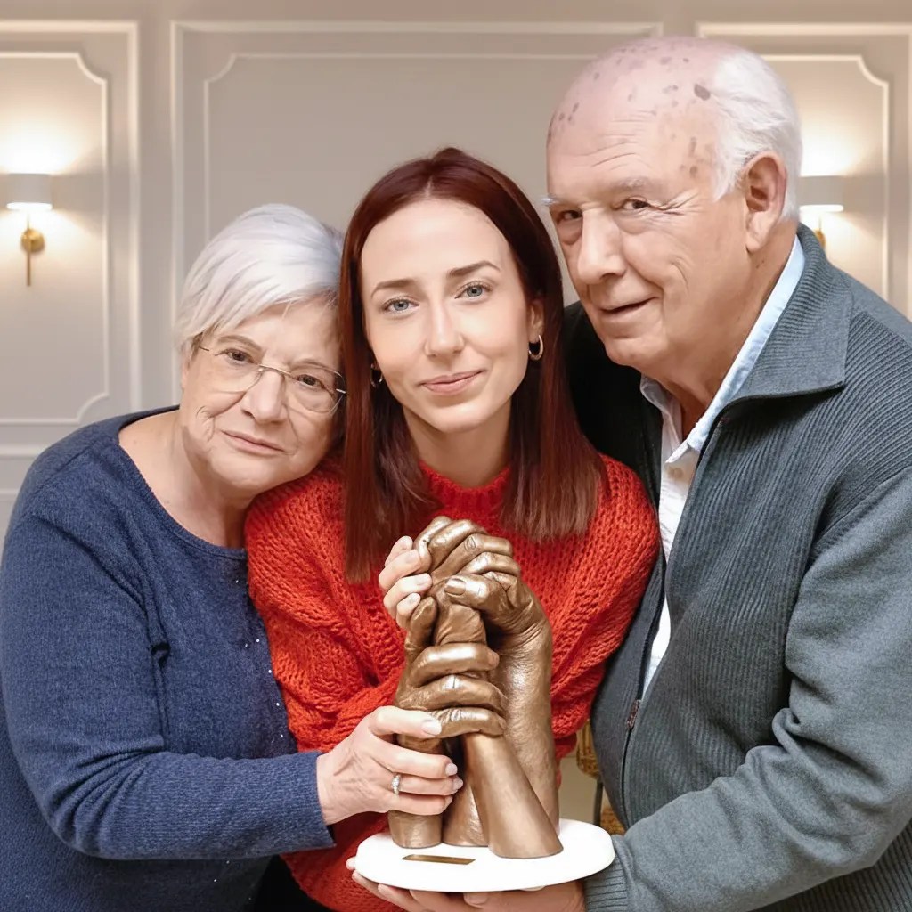 Retrato de tres generaciones (nieta y abuelos) posando juntas con su escultura de manos entrelazadas en acabado bronce. La obra de lifecasting de No Me Sueltes Nunca simboliza el lazo intergeneracional y el cariño familiar, siendo un regalo personalizado y un recuerdo de valor incalculable.
