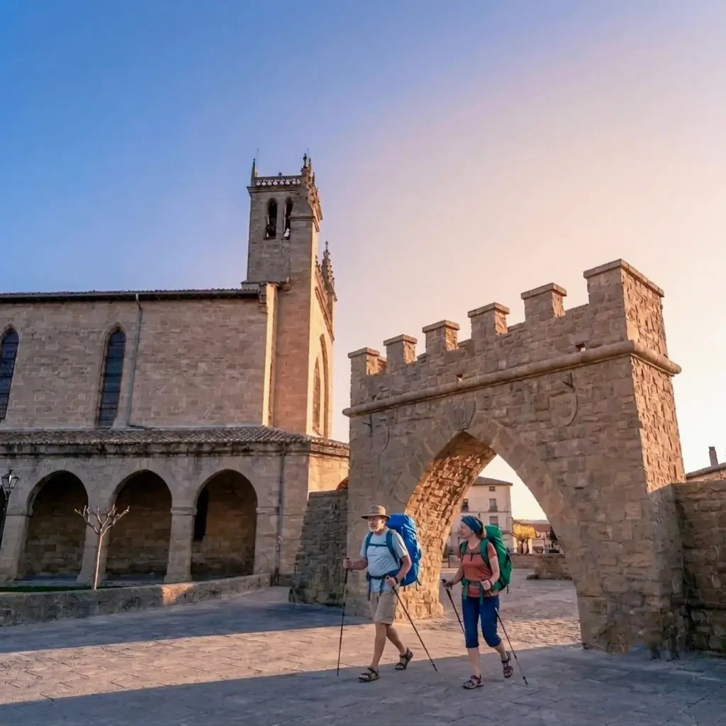 Vista panorámica al atardecer de la iglesia y el arco de piedra de la localidad de Obanos (Navarra), donde dos peregrinos con mochilas y bastones caminan por la plaza empedrada en su ruta del Camino de Santiago.