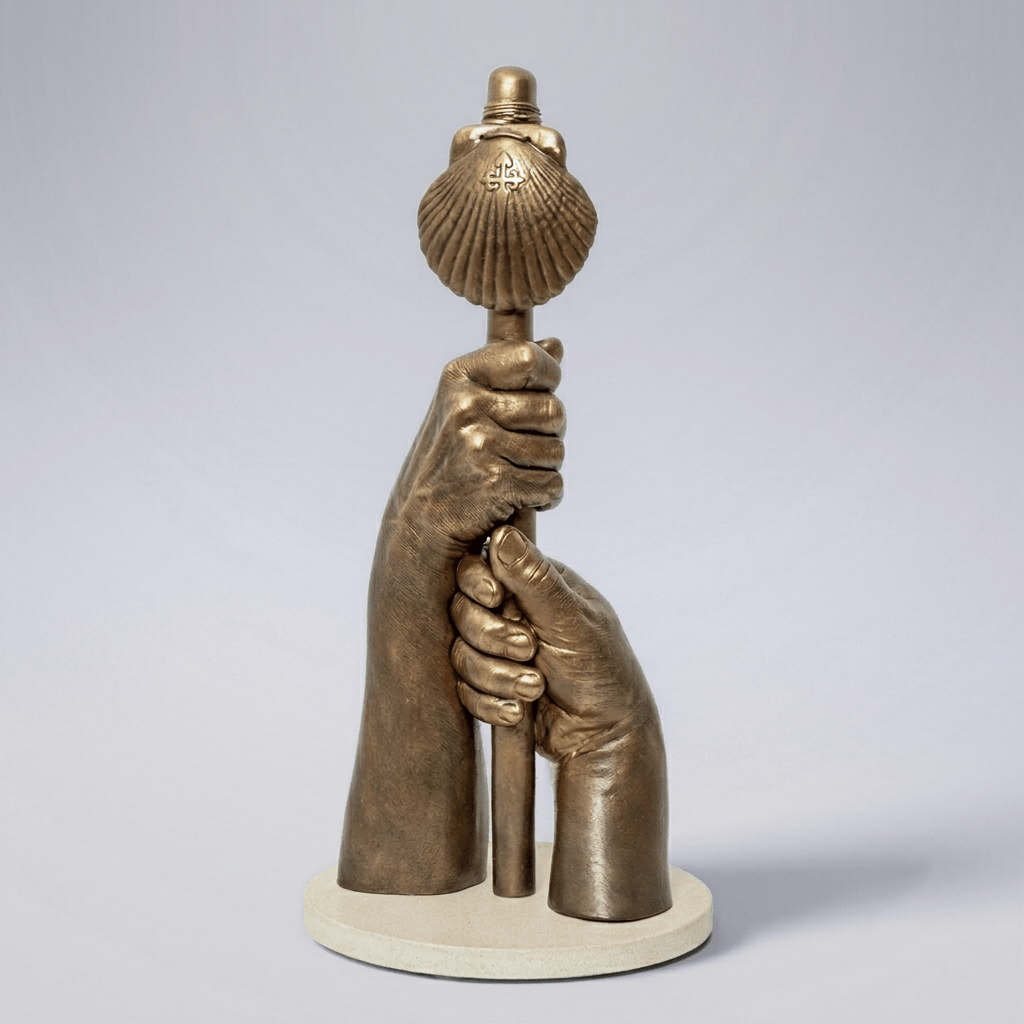 Escultura artística de bronce que muestra dos manos superpuestas agarrando juntas el mismo bastón de peregrino con la concha de Santiago. Una representación simbólica de la conexión y el apoyo entre caminantes del Camino de Santiago, creada en Obanos.