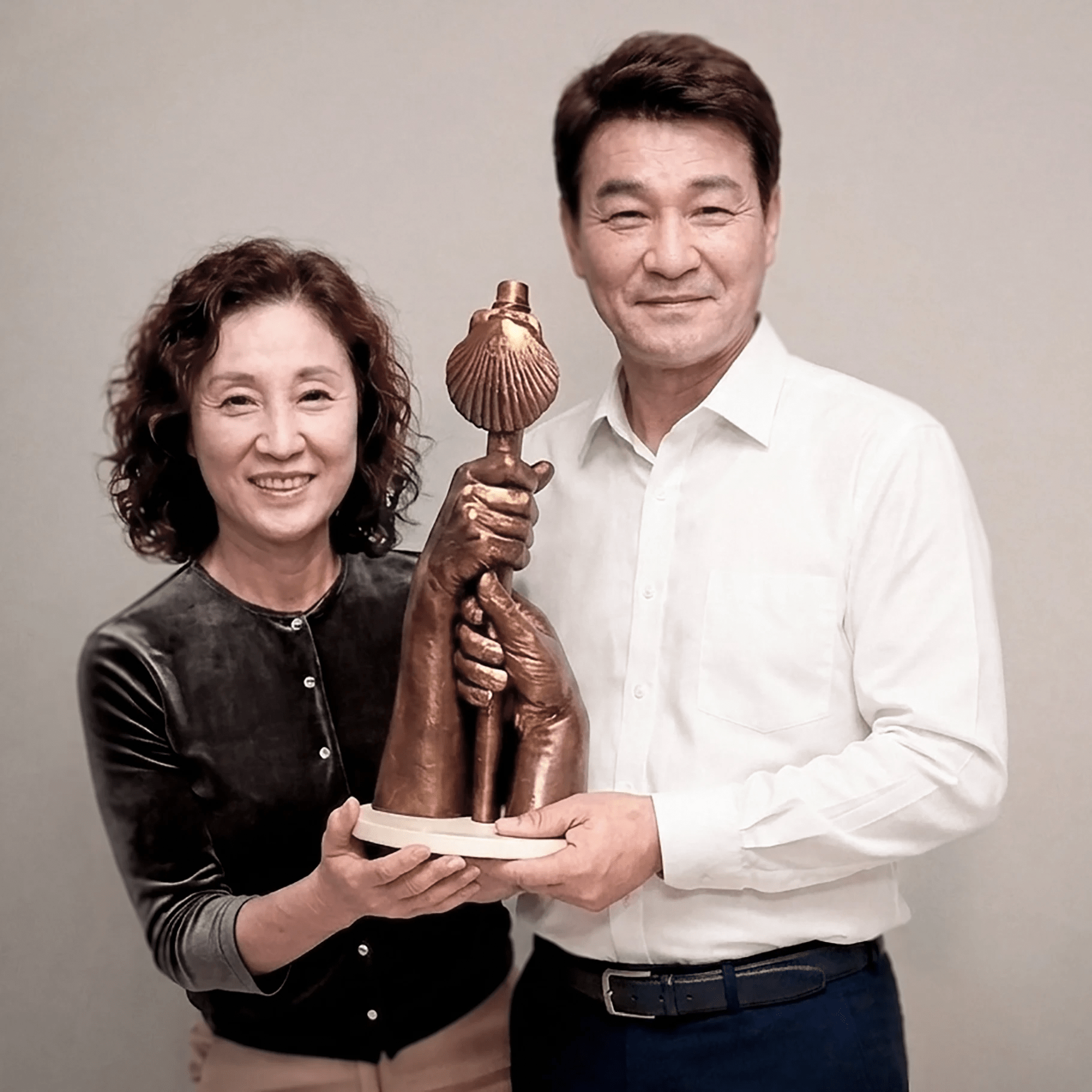 Una pareja de peregrinos asiáticos posa sonriente, de pie, sosteniendo juntos la escultura de bronce de sus manos entrelazadas agarrando un bordón de peregrino. Un recuerdo inolvidable de su experiencia en el Camino de Santiago.