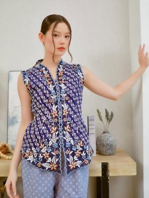 PO Kebaya Batik Blouse Vest Biru Parang Bunga
