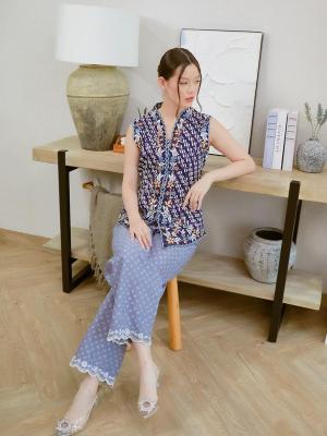 PO Kebaya Batik Blouse Vest Biru Parang Bunga Set With Batik Bordir Pants