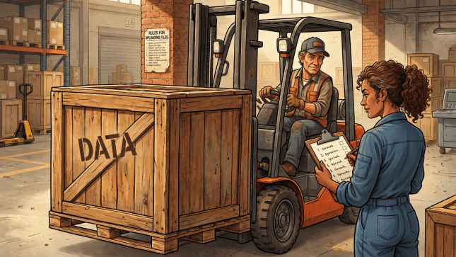 A warehouse scene featuring a forklift driver transporting a wooden crate labeled 'DATA'. A woman in a blue jumpsuit stands with a clipboard, checking items off a list. The background shows shelves of boxes and a rules sign on the wall.