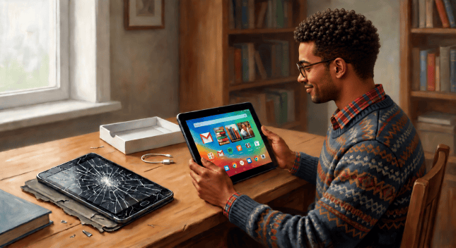 A man sitting at a wooden table, examining a tablet while a broken smartphone with a shattered screen lies next to him. There are books and a charging cable on the table, and a window with natural light in the background.