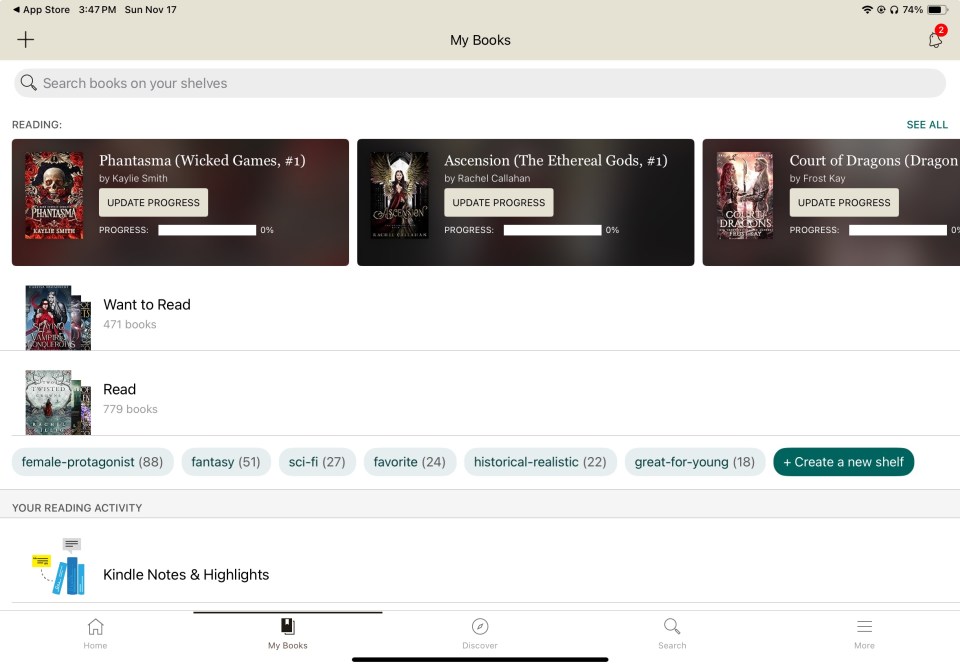 Screen display shows the Goodreads app interfaces, which features Reading, Read, and Want to Read shelves
