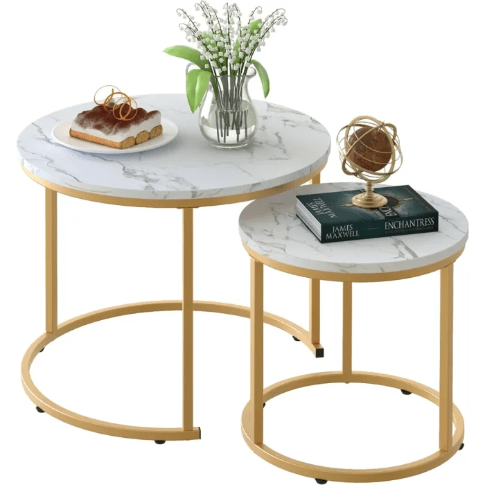 aboxoo-Coffee-Table-Nesting-White-Set-of-2-Side-Set-Golden-Frame-Circular-and-Marble-Pattern.webp