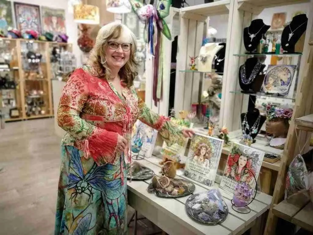 Linda Ravenscroft in her shop The Mystic Garden in Glastonbury Town