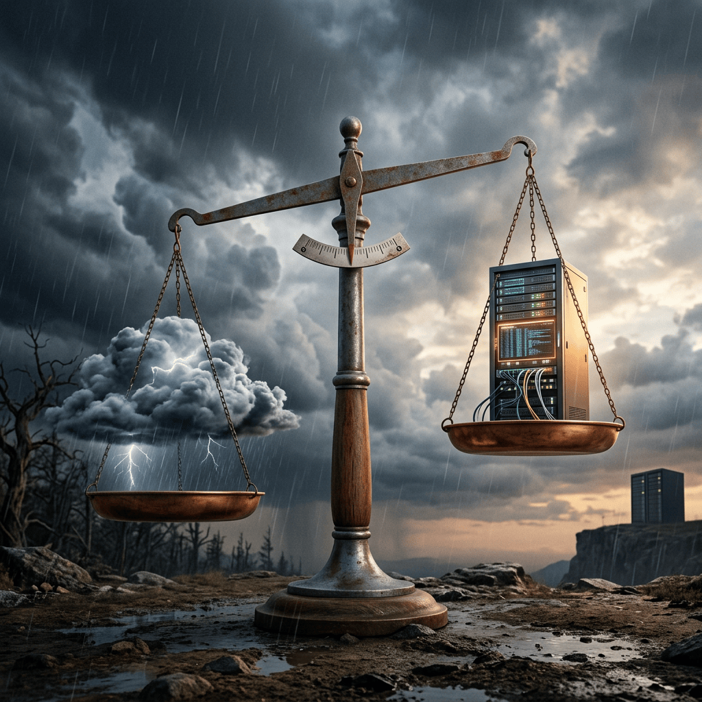 A scale with a stormy cloud on one side and a server rack with cables on the other