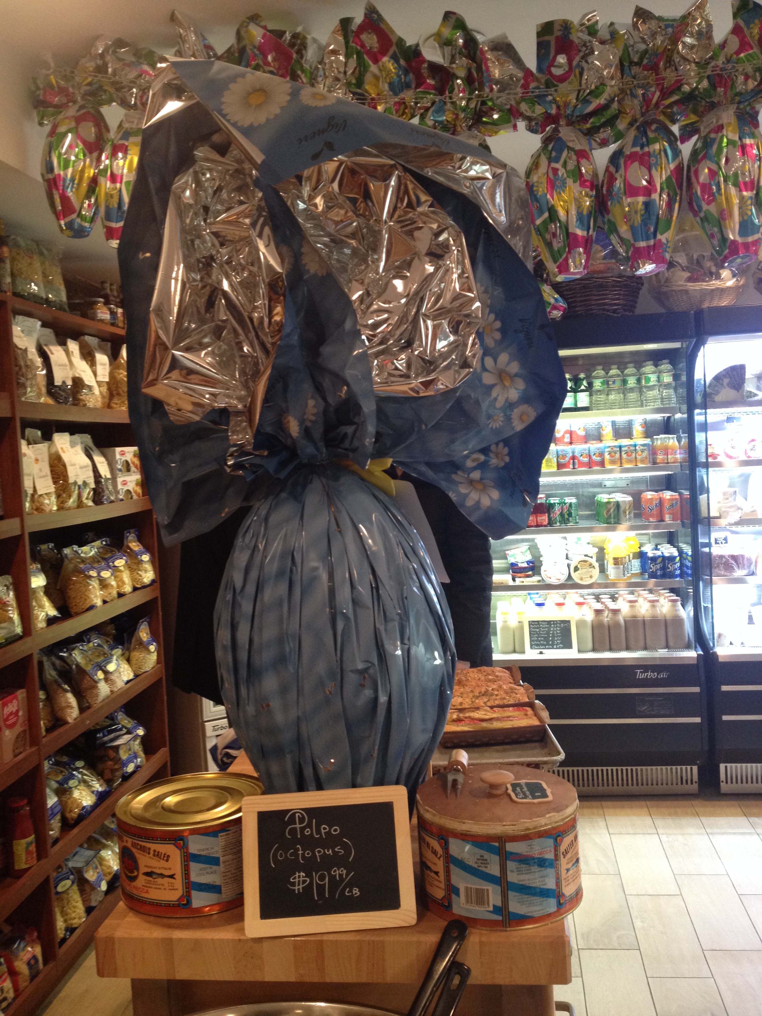 This is the BIG kahuna, the largest chocolate Easter egg in the North End. It's easily larger than my torso. Joe says if they don't sell it, he'll donate it to Boston Children's Hospital for the kids to enjoy.