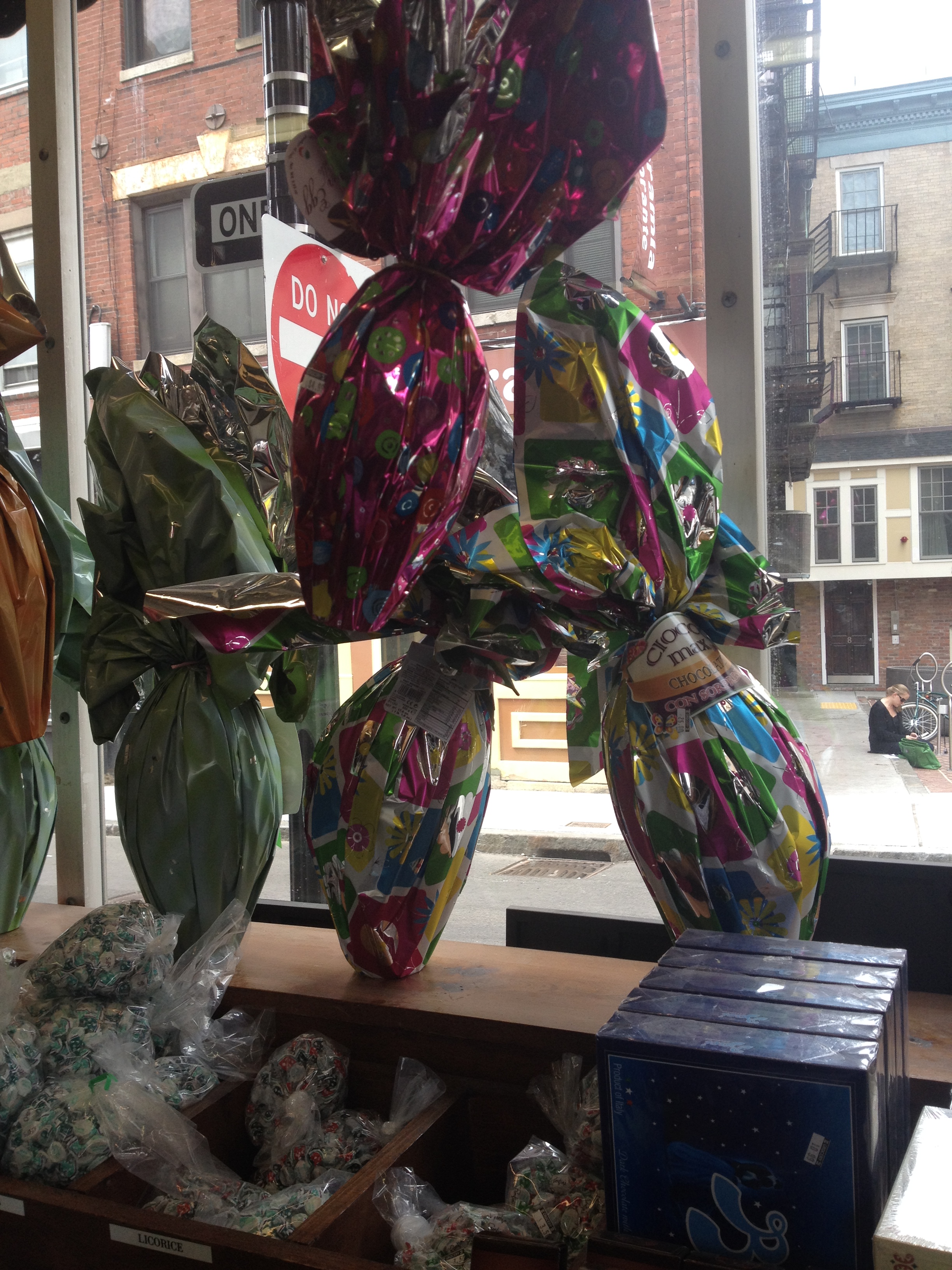 In the window at Polcari's Coffee, Nicki sells medium and mini sizes of chocolate Easter eggs.