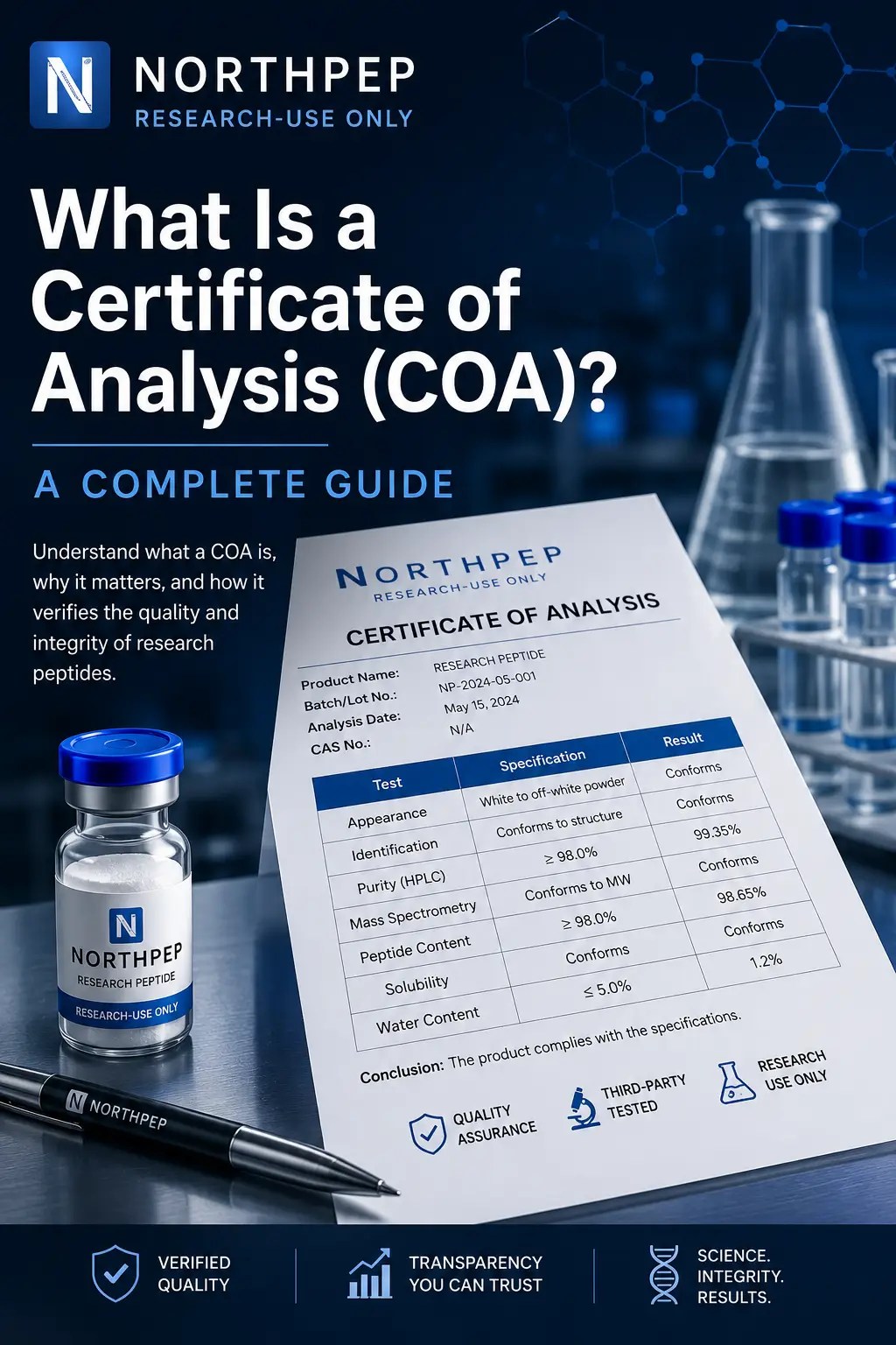 Illustration representing a Certificate of Analysis (COA) for research peptides