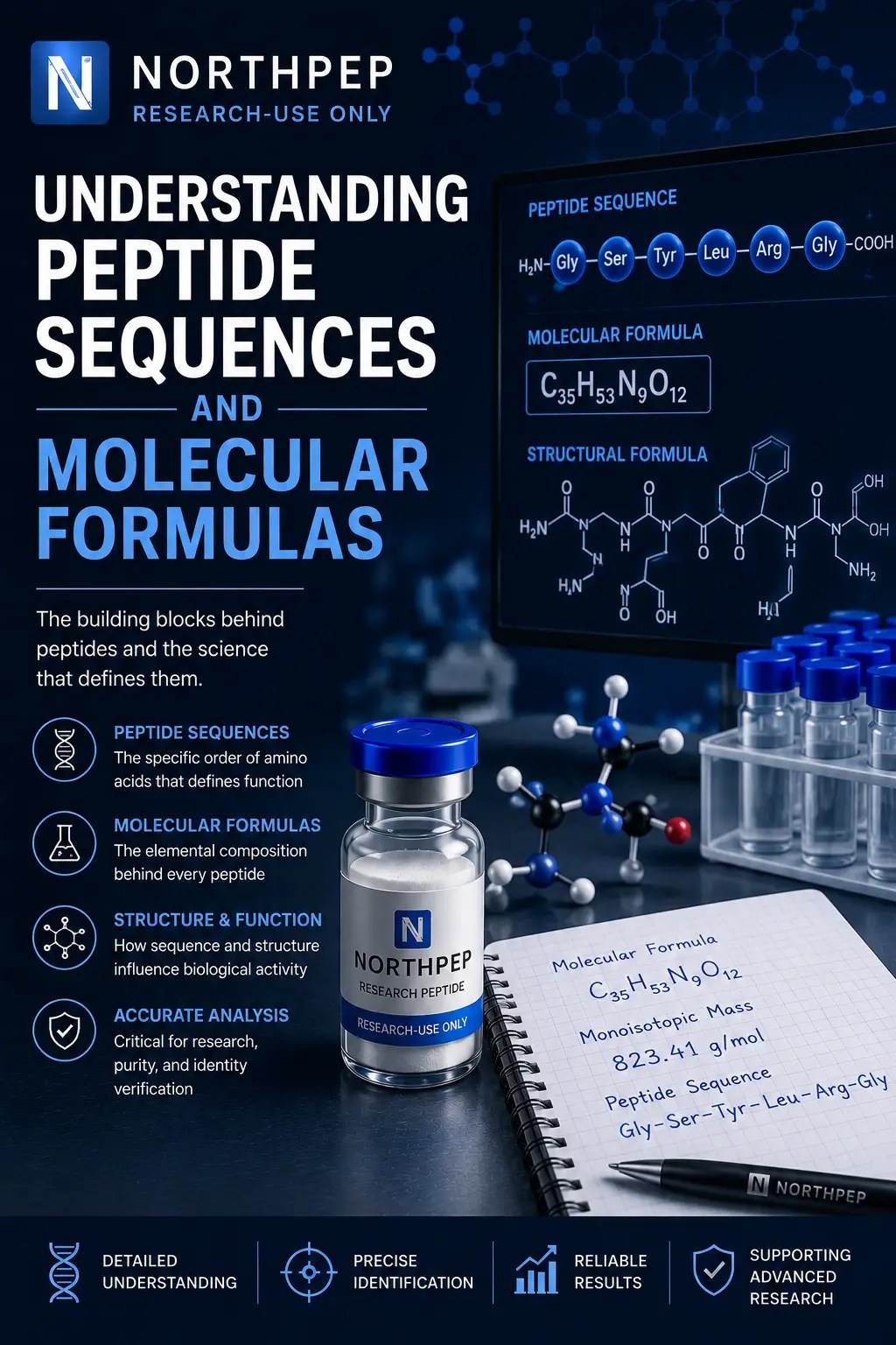 Illustration representing peptide sequences and molecular formulas