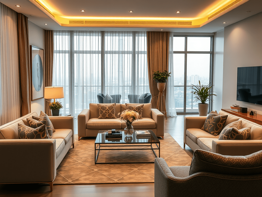 Modern furnished apartment in Dubai with stylish furniture packages by North Plus UAE