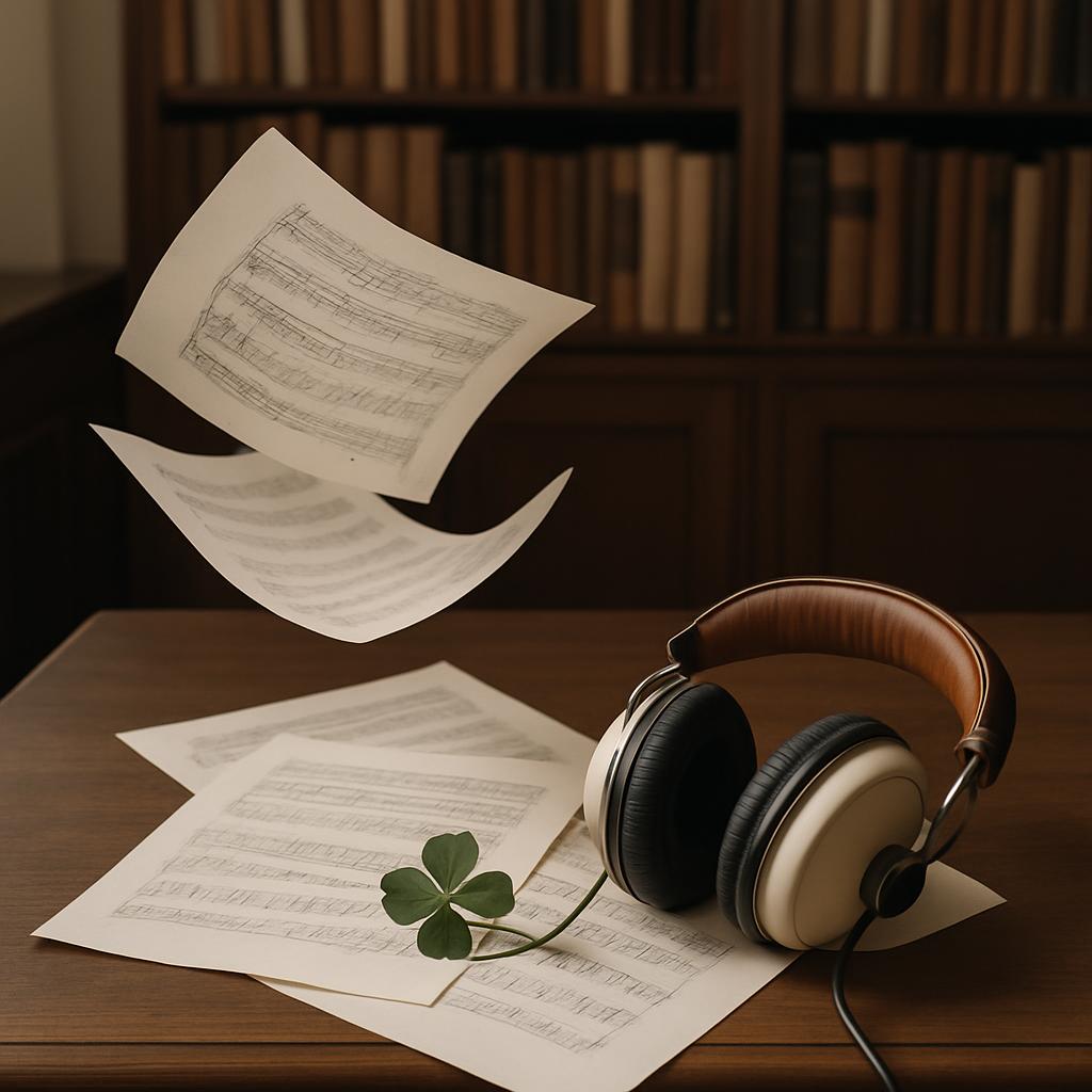 Sheet music is scattered across a wooden table, surrounded by a pair of headphones and a piece of a plant.
