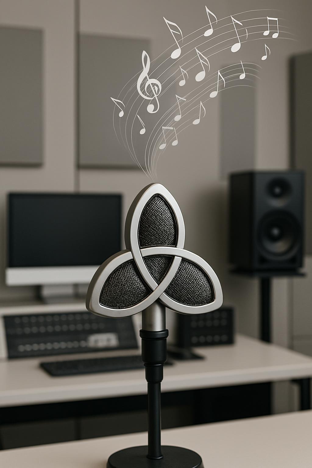 A dark-colored microphone suspended on a black microphone stand, emitting white musical notes into the air above, in front...