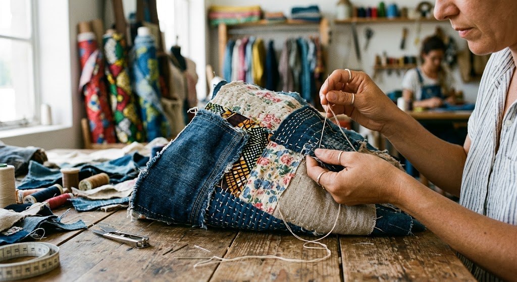 Couturière cousant à la main un patchwork textile upcyclé.