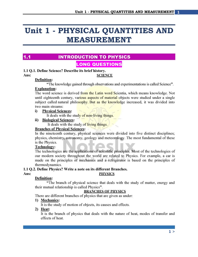 Class 9th Physics Chapter 1 Notes MCQs Short and Long Questions