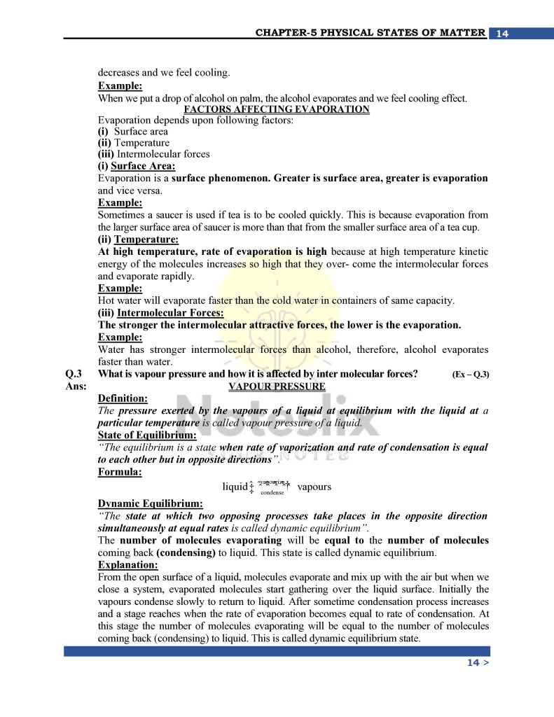 9th class chemistry chapter 5 evaporation notes