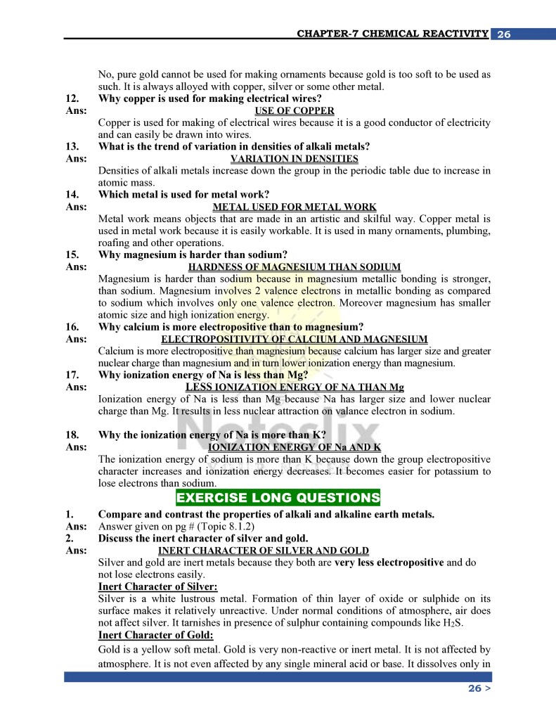 Class 9th Chemistry Chapter 8 Exercise Short Questions