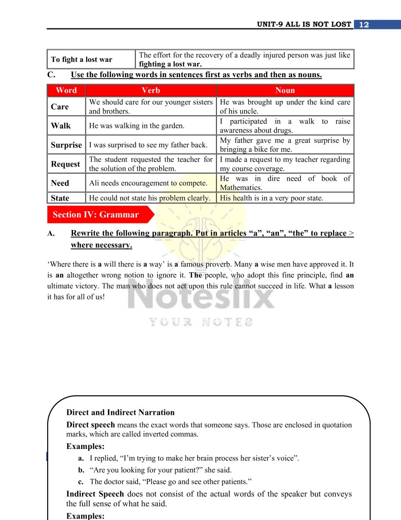 Complete Exercise for Class 9 English Chapter 9