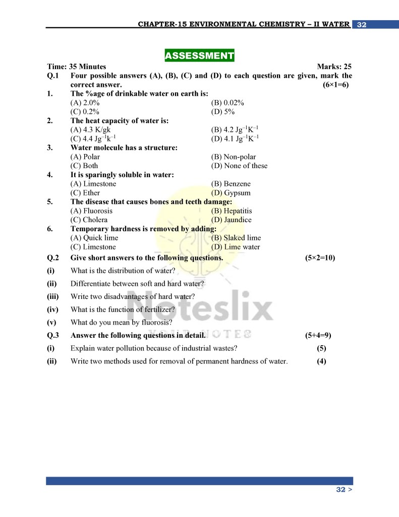 Class 10th Chemistry Chapter 15 Assesment