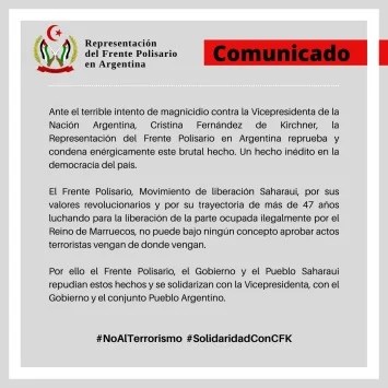 EL FRENTE POLISARIO EXPRESA SU ENÉRGICO REPUDIO AL INTENTO DE MAGNICIDIO CONTRA CRISTINA FERNÁNDEZ DE KIRCHNER | Voz del Sahara Occidental en Argentina