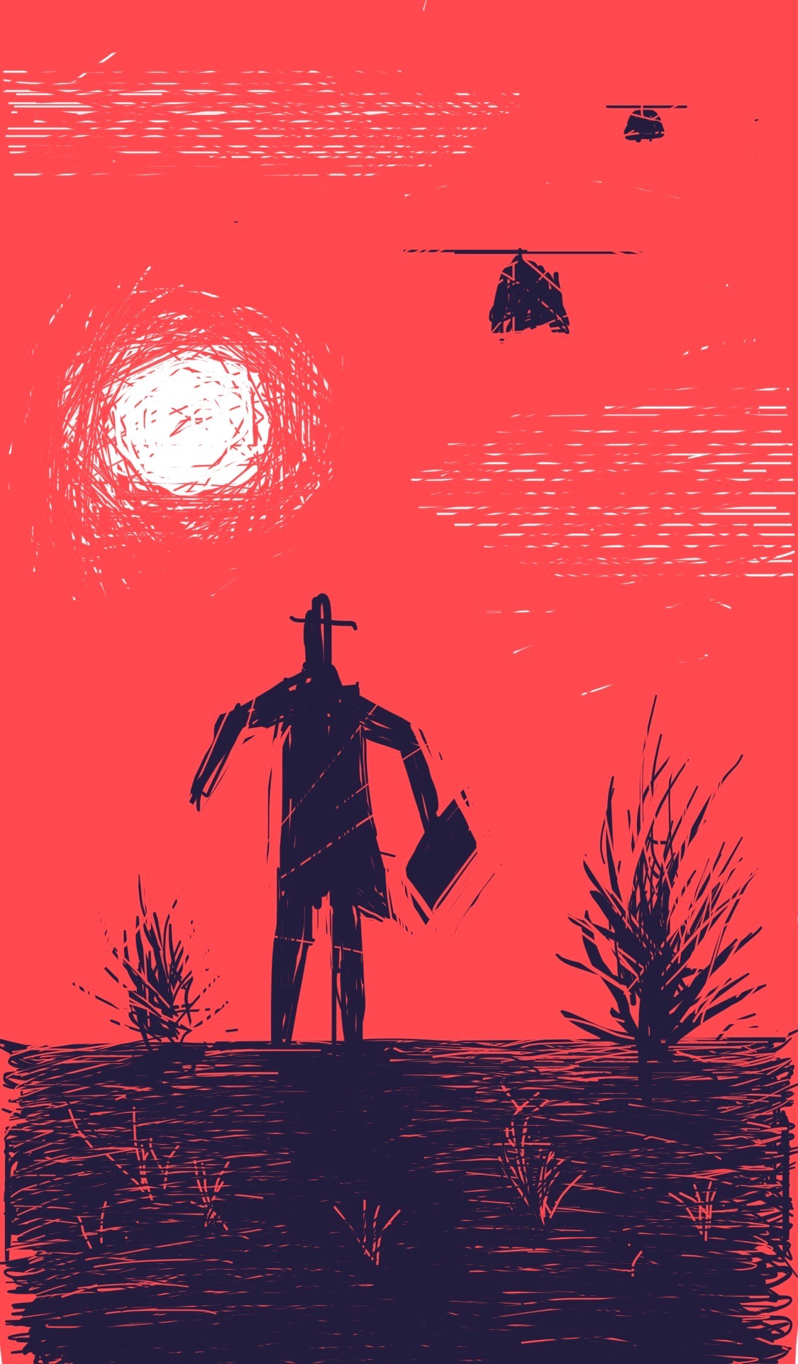 A man stands in a desert holding a briefcase, facing down approaching helicopters