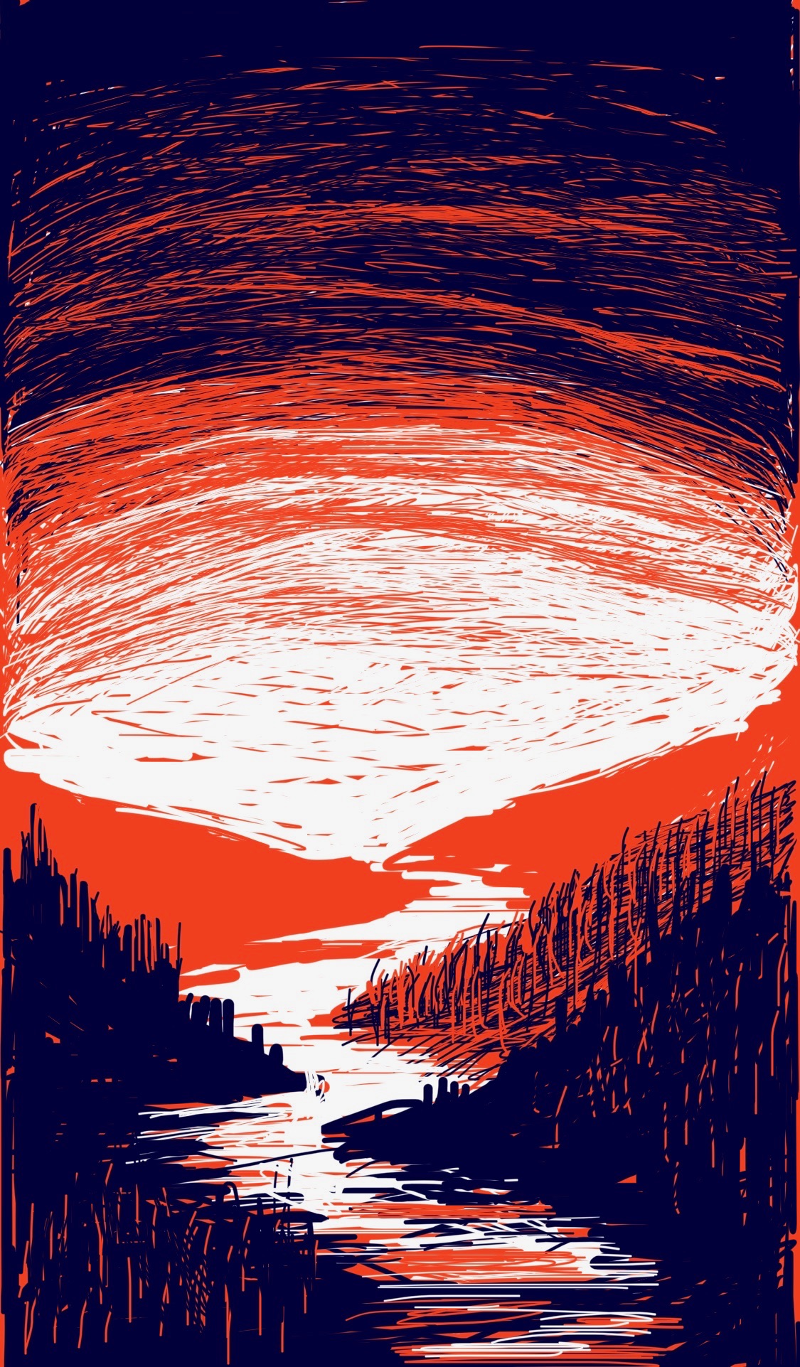 Sunset over a river running through a wooded valley