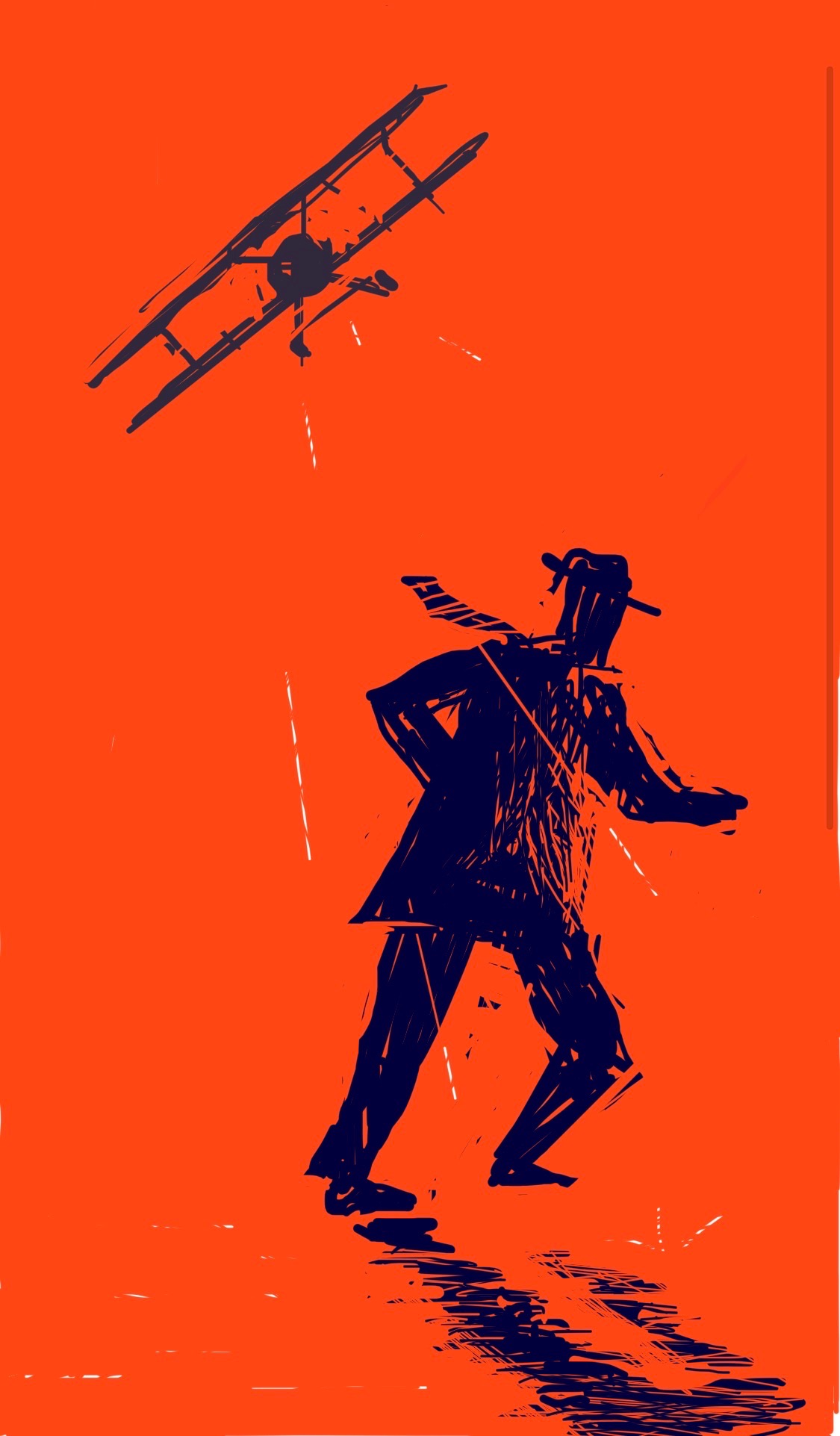 A man dodges bullets fired from an approaching biplane