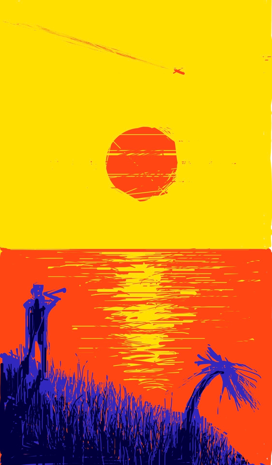 A person stands with a telescope, looking out over the ocean during a fiery sunset.