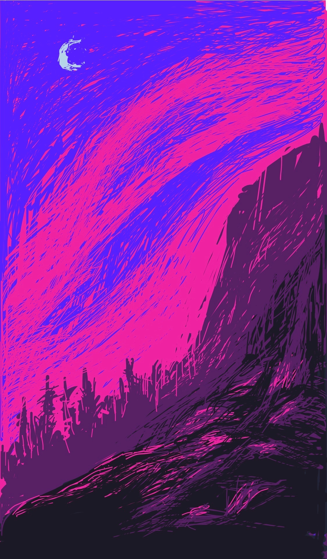 A rocky cliff area and forest at sunset