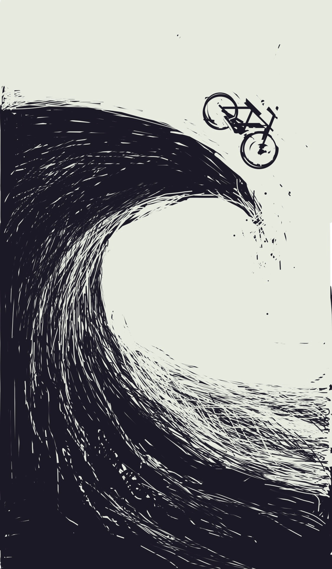 A riderless bicycle flung by a giant black wave