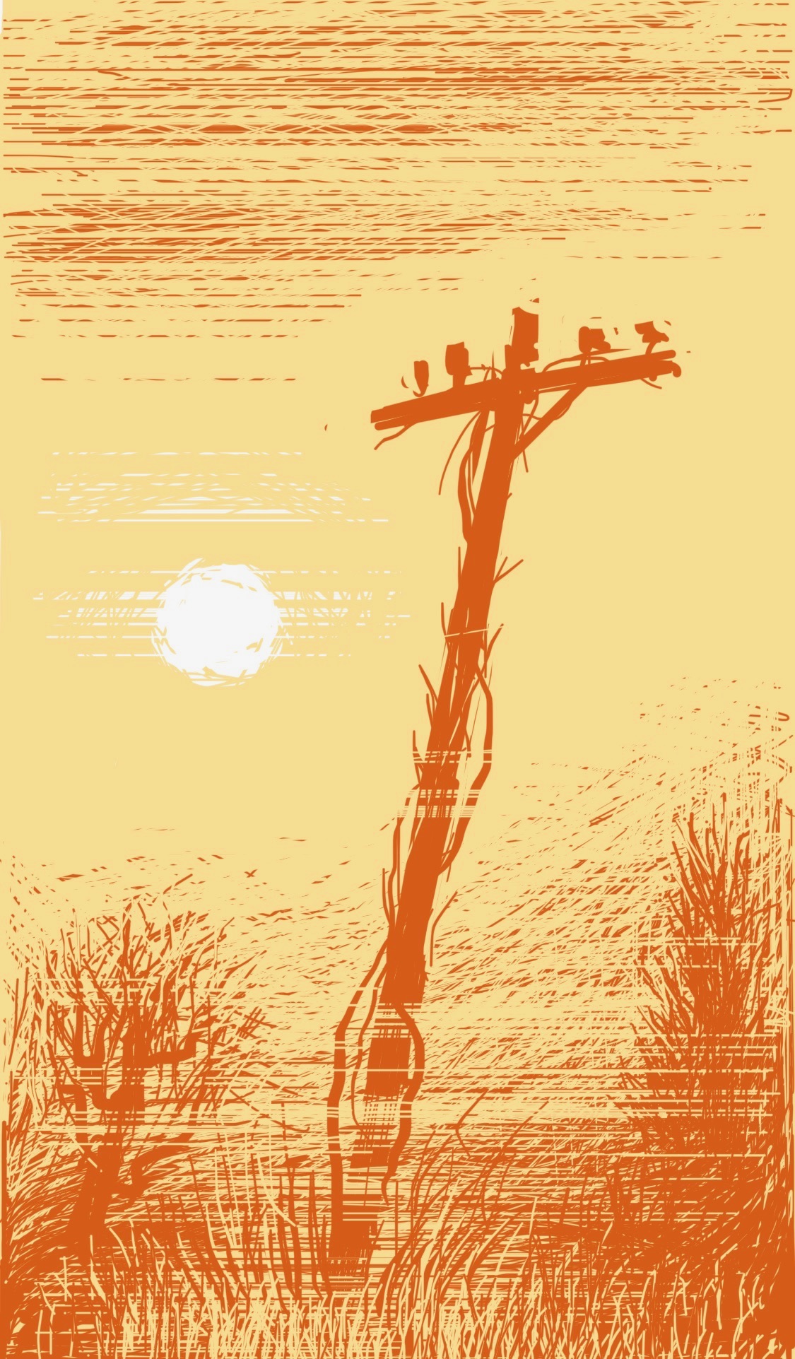 An abandoned, vine-covered telephone pole in the middle of a meadow