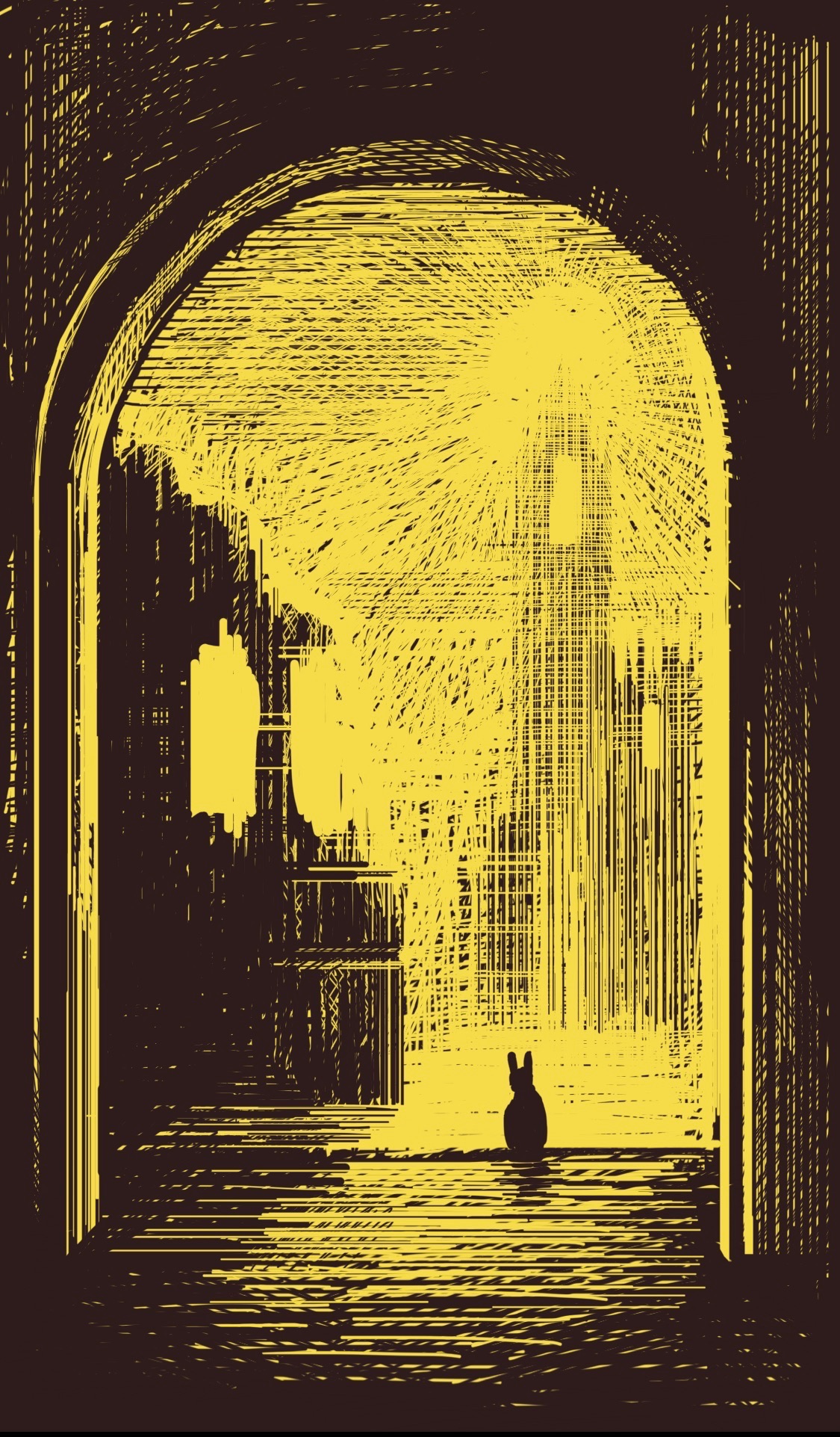 A small rabbit sits in the doorway of an abandoned building, looking out over an abandoned city