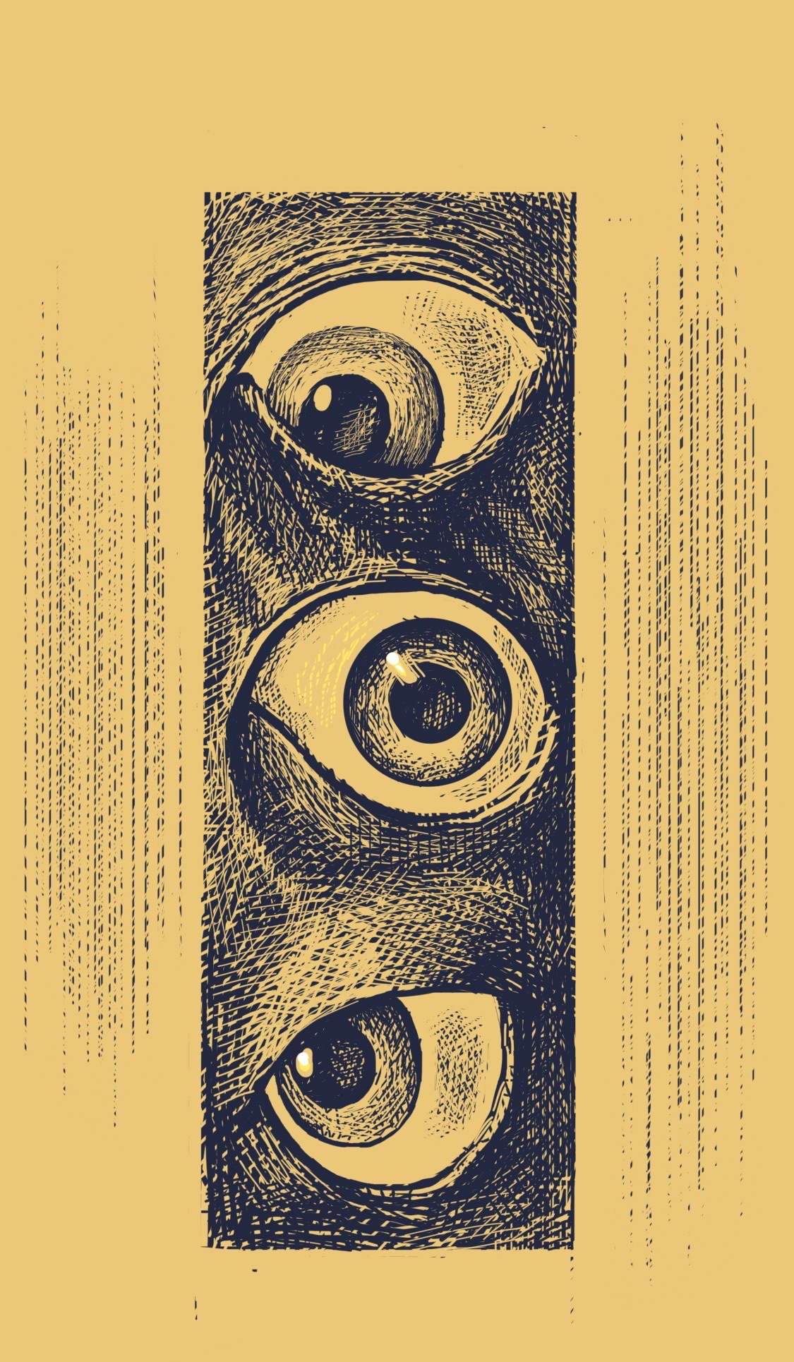 Three eyes set on a vertical rectangle, sort of like the world's most cursed traffic signal