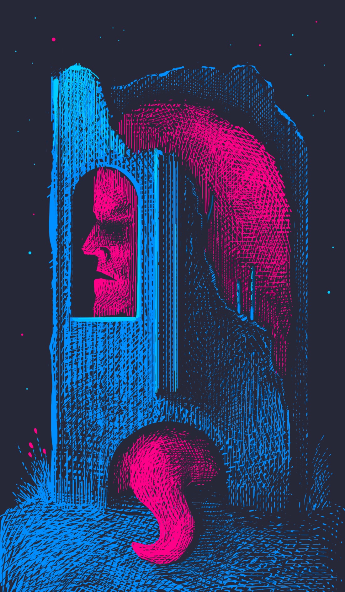 A giant crimson something sits in the ruins of a tiny house, tail extending through a mouthlike opening at the base of the house. It's night. The scene looks as though it were lit by a moon, but there is no moon. There never is on nights like this.