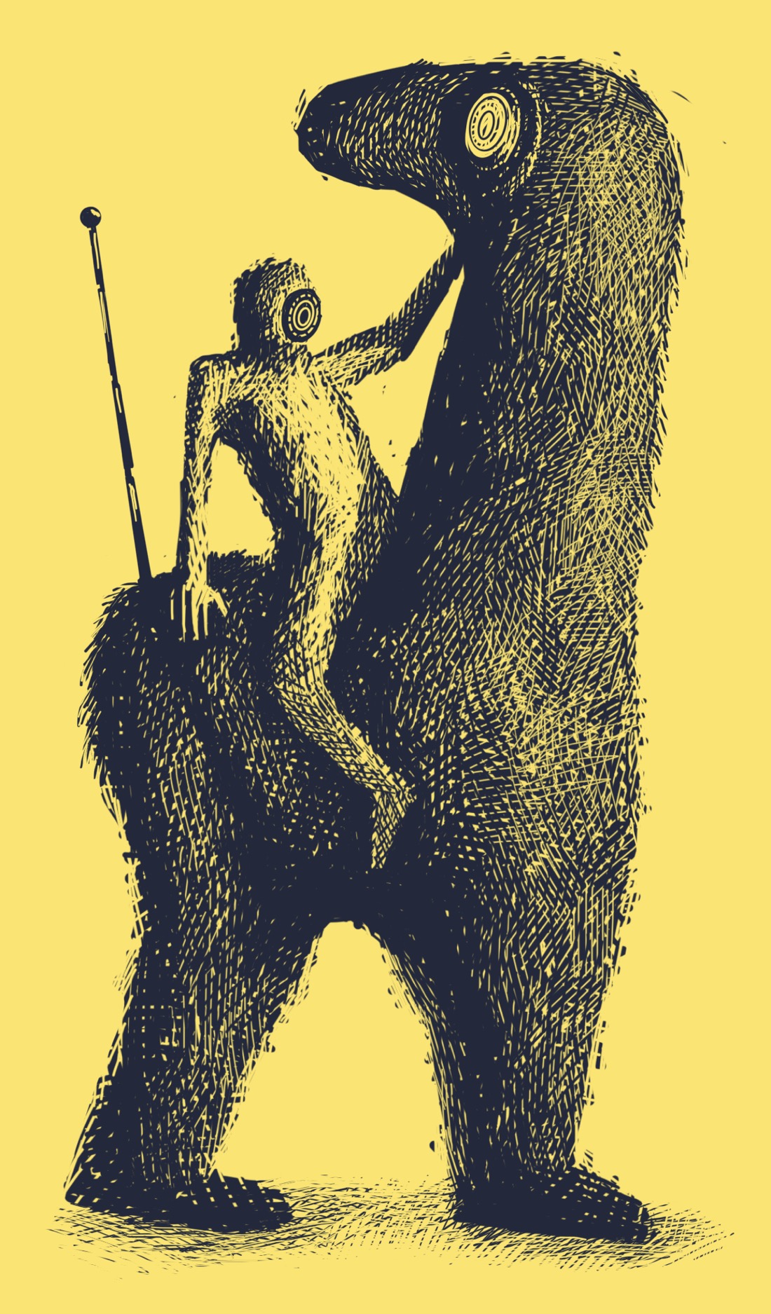 A person whose face seems to have been replaced by a camera lens sits on the back of a large, two-legged creature which looks sort of like a cross between a horse and a two-legged giraffe. The creature's eye is also a camera lens, and its tail is an antenna.