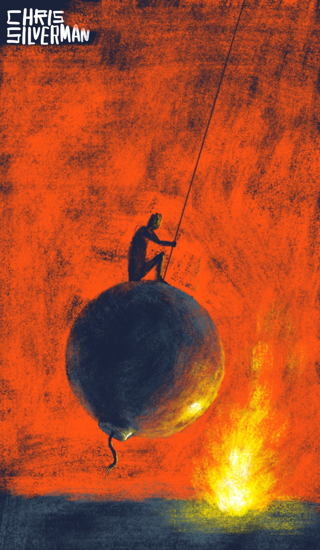 A giant, spherical cartoon bomb, fuse pointed down, is attached to a long, thin cord, swinging back and forth like a wrecking ball. In this image, the bomb is caught at the left end of the swing, about to swing back. Its path will take it through a small bonfire, through which the fuse will also pass. Sitting on top of the bomb is a small human figure. The ground is steely black, the same color as the bomb; the background is fiery orange red.