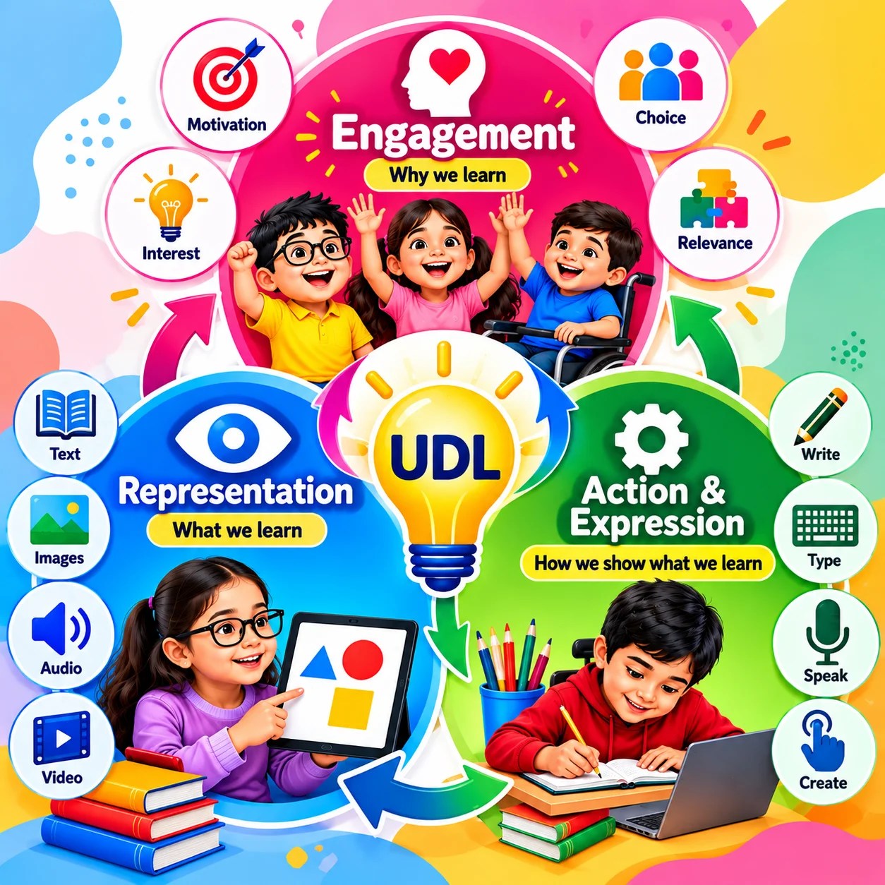 Universal Design for Learning (UDL) के तीन सिद्धांत—Engagement, Representation और Action & Expression।