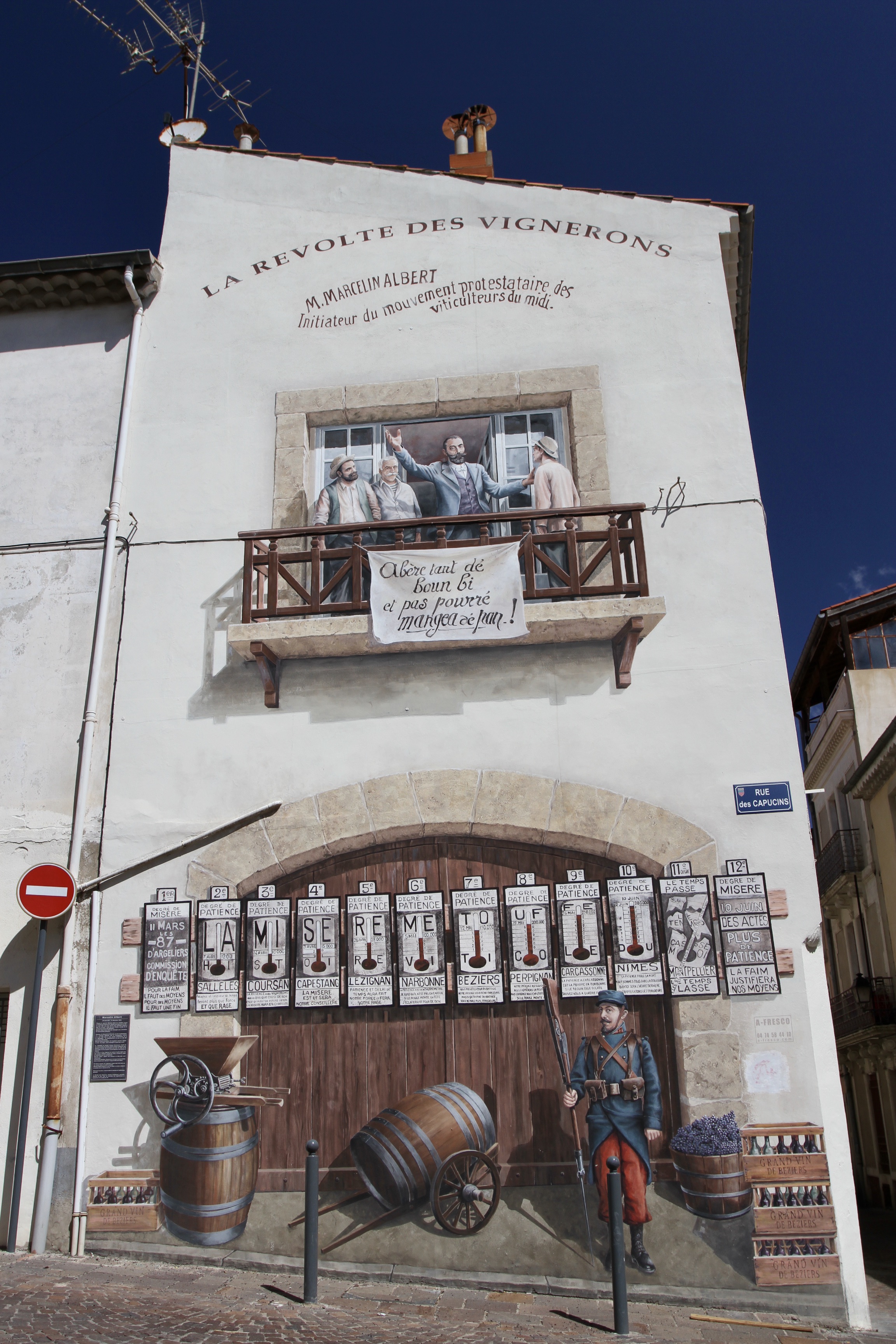 The Winegrowers’ Revolt of 1907, trompe l’oeil fresco, Beziers, France