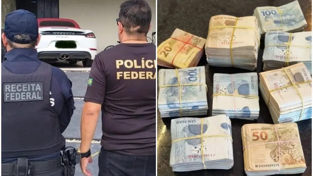 Agentes da Polícia Federal e da Receita Federal inspecionam um veículo de luxo ao lado de maços de dinheiro apreendidos durante uma operação contra a comercialização irregular de produtos